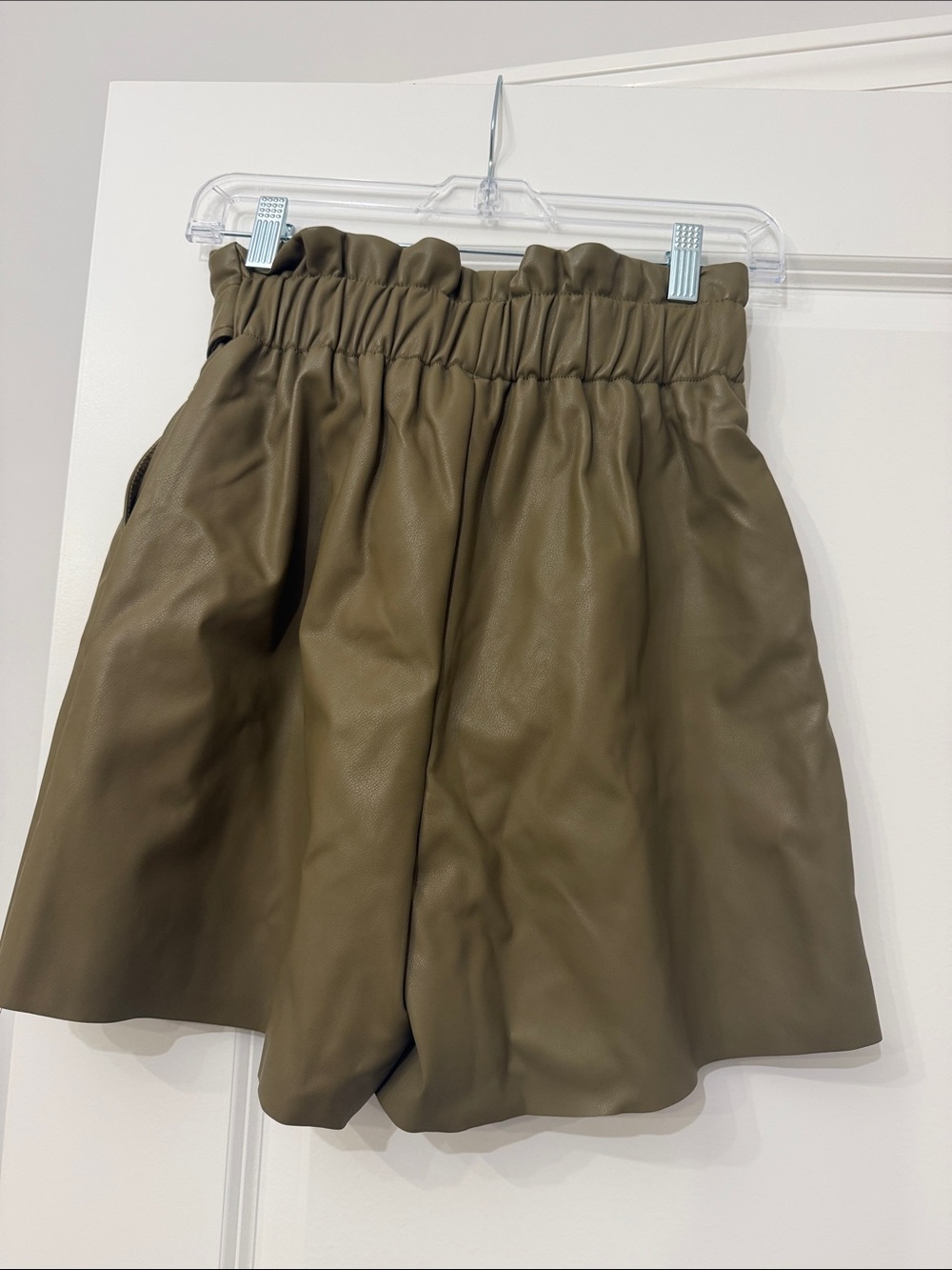 High-Waist Faux Leather Paperbag Shorts with Self-Tie Belt - Olive - Picture 2 of 2
